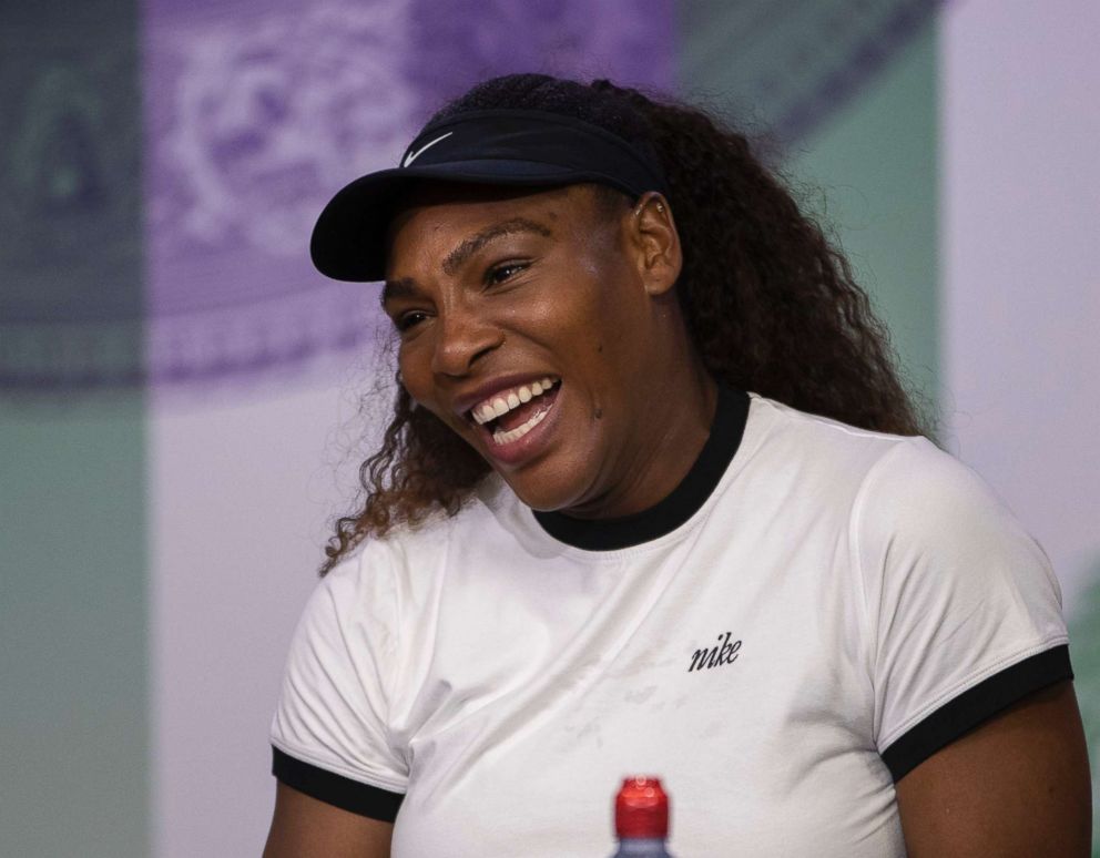 PHOTO: Serena Williams reacts during a press conference ahead of the Wimbledon Tennis Championships in London, July 1, 2018.