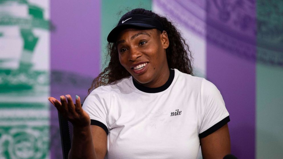 PHOTO: Serena Williams takes part in a press conference on the eve of the 2018 Wimbledon Championships at The All England Tennis Club in Wimbledon, London, on July 1, 2018.