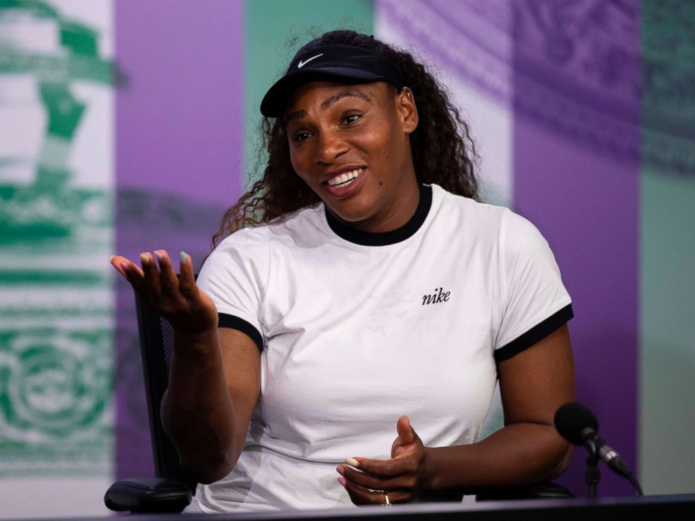 PHOTO: Serena Williams takes part in a press conference on the eve of the 2018 Wimbledon Championships at The All England Tennis Club in Wimbledon, London, on July 1, 2018.