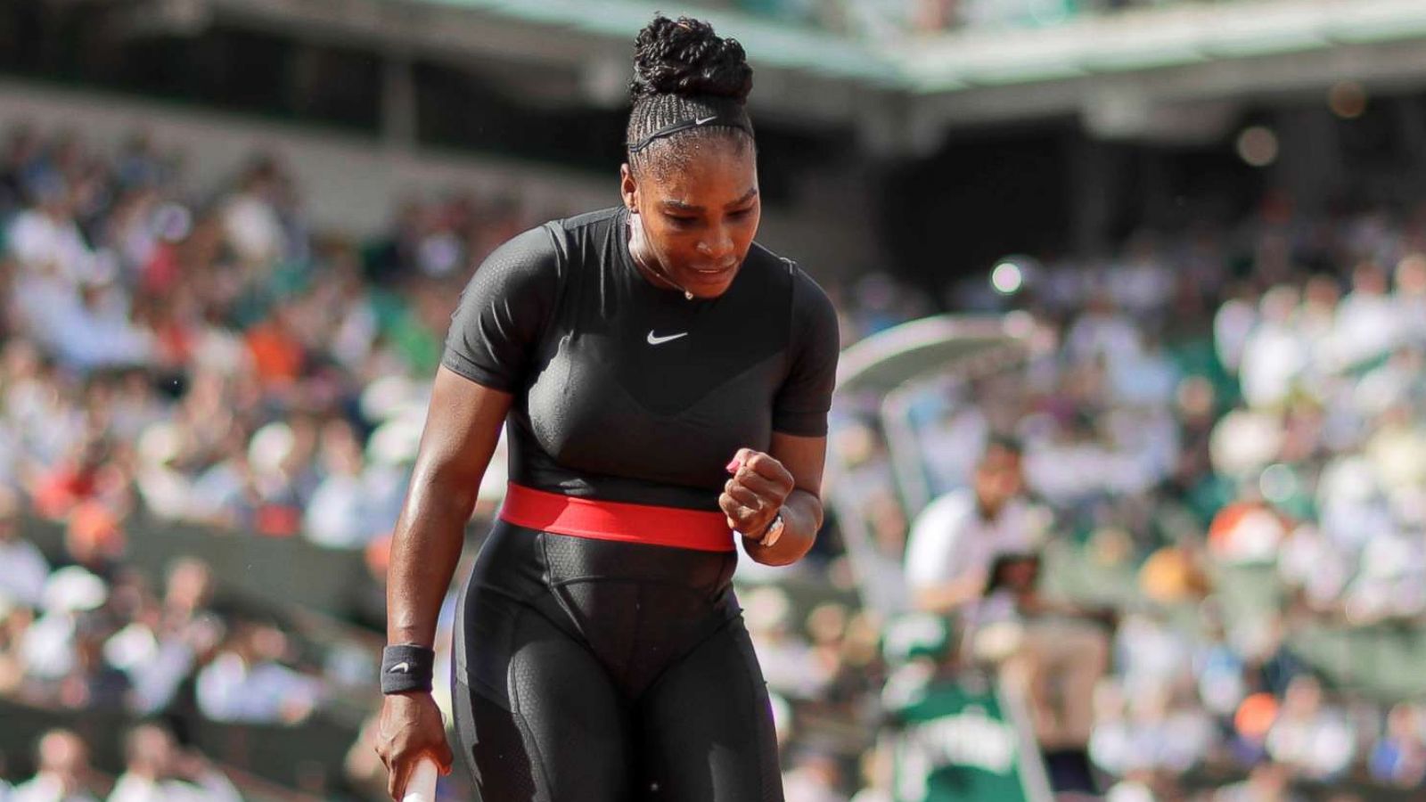 PHOTO: Serena Williams, after scoring a point against Krystina Pliskova of the Czech Republic, during their first round match of the French Open tennis tournament at the Roland Garros stadium in Paris, May 29, 2018.