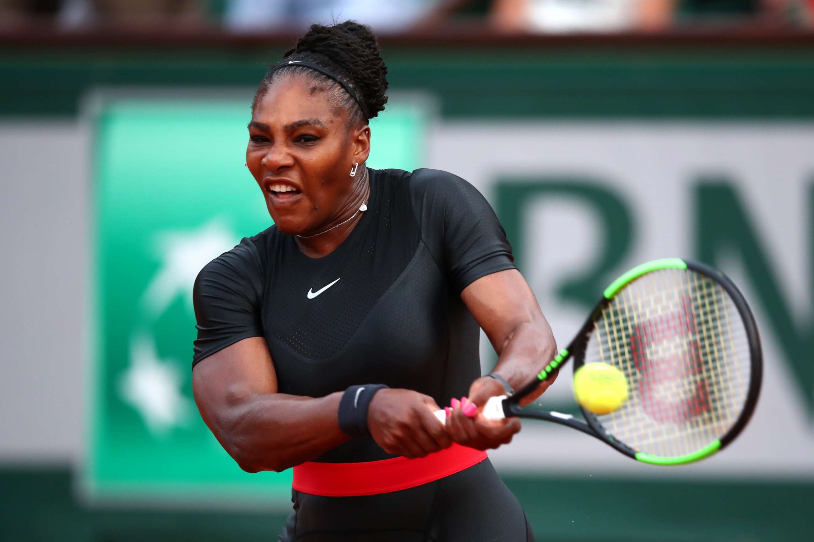PHOTO: Serena Williams plays a backhand during the ladies singles second round match during day five of the 2018 French Open, May 31, 2018 in Paris.