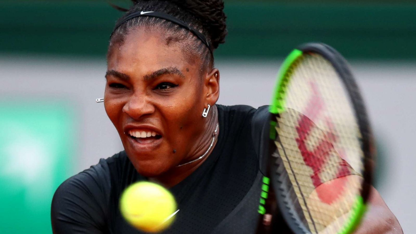 PHOTO: Serena Williams plays a backhand during the ladies singles second round match during day five of the 2018 French Open, May 31, 2018 in Paris.