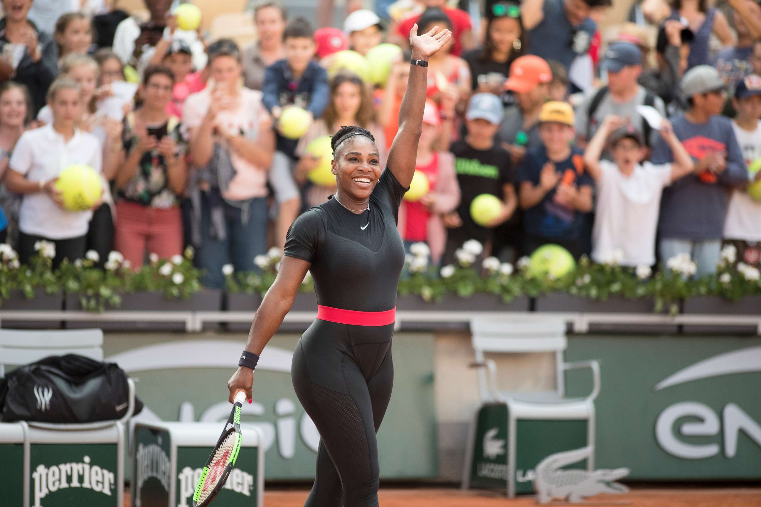 PHOTO: Serena Williams of the U.S. celebrates her win against Julia Goerges of Germany on Court Suzanne Lenglen in the Women's Singles Competition at the 2018 French Open Tennis Tournament at Roland Garros, June 2nd 2018, in Paris.