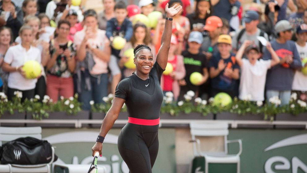 PHOTO: Serena Williams of the U.S. celebrates her win against Julia Goerges of Germany on Court Suzanne Lenglen in the Women's Singles Competition at the 2018 French Open Tennis Tournament at Roland Garros, June 2nd 2018, in Paris.