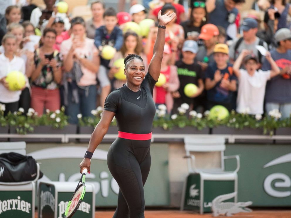 PHOTO: Serena Williams of the U.S. celebrates her win against Julia Goerges of Germany on Court Suzanne Lenglen in the Womens Singles Competition at the 2018 French Open Tennis Tournament at Roland Garros, June 2nd 2018, in Paris.