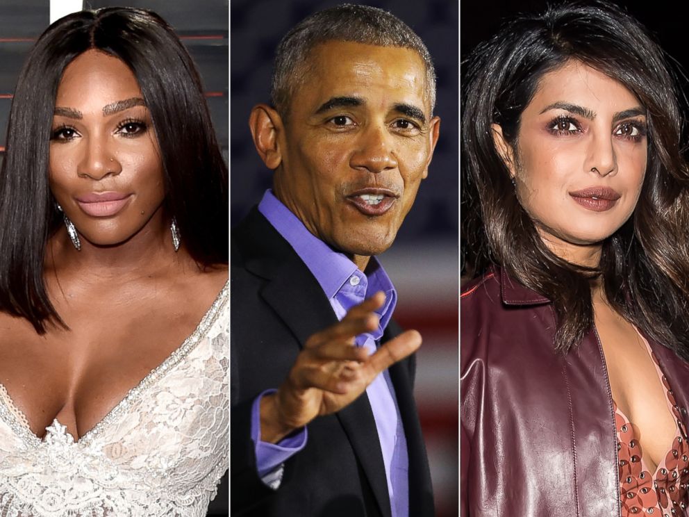 PHOTO: In these file photos, Serena Williams poses Feb. 28, 2016, Barack Obama speaks Oct. 19, 2017 and Priyanka Chopra is seen Feb. 9, 2018.