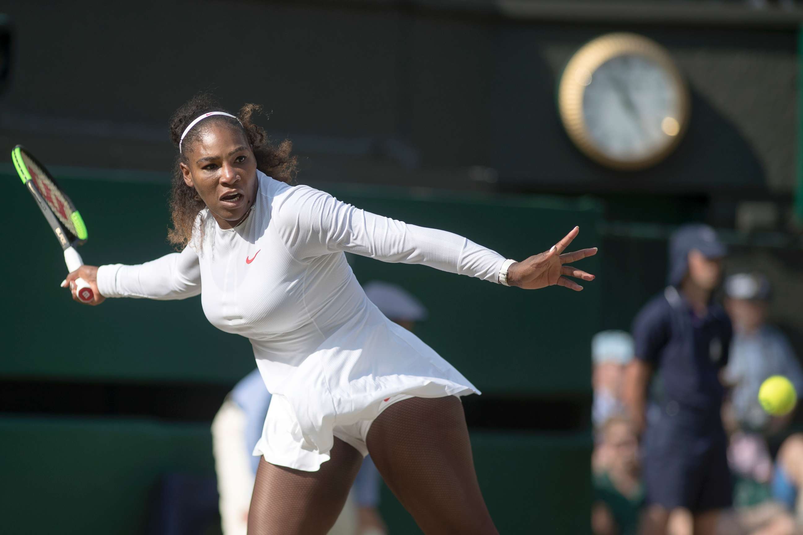PHOTO: Serena Williams of the U.S. in action against Angelique Kerber of Germany in the Ladies' Singles Final during the Wimbledon Lawn Tennis Championships at the All England Lawn Tennis and Croquet Club at Wimbledon, July 14, 2018, in London.