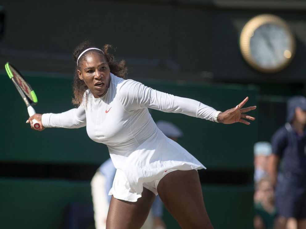 PHOTO: Serena Williams of the U.S. in action against Angelique Kerber of Germany in the Ladies Singles Final during the Wimbledon Lawn Tennis Championships at the All England Lawn Tennis and Croquet Club at Wimbledon, July 14, 2018, in London.