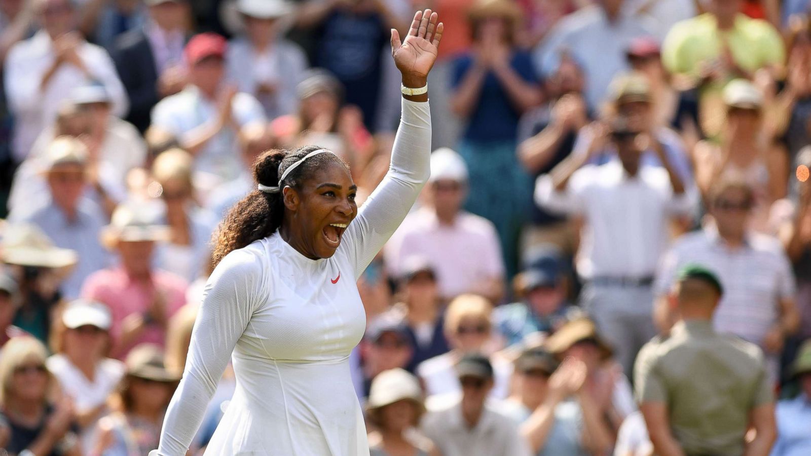 PHOTO: Serena Williams celebrates after beating Germany's Julia Goerges 6-2, 6-4 in their women's singles semi-final match at the 2018 Wimbledon Championships in London, July 12, 2018.