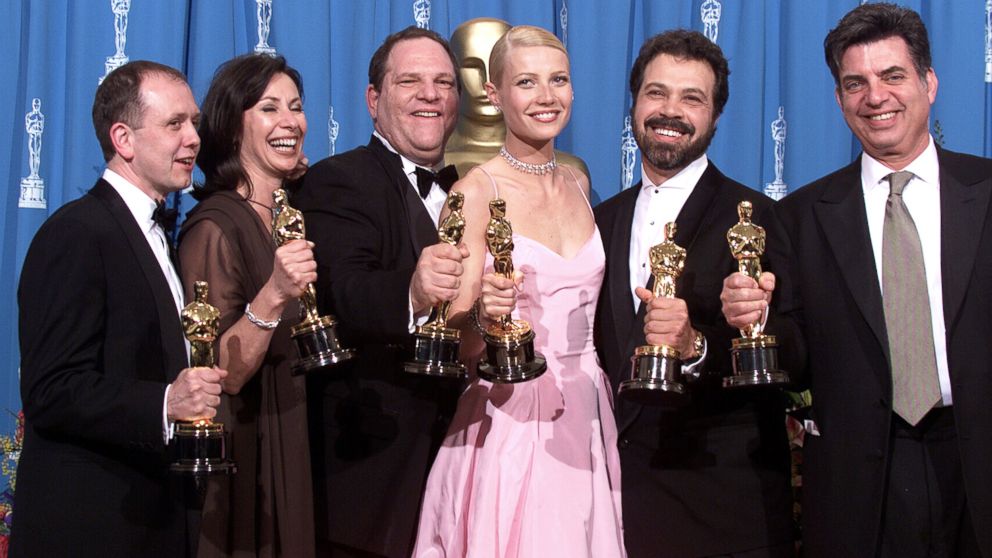 PHOTO: "Shakespeare in Love" Best Actress winner Gwyneth Paltrow (center) is joined by Harvey Weinstein (center left)  and other stars as they celebrated their win of Best Picture at the 1999 Academy Awards in Hollywood, Calif., March 21, 1999.