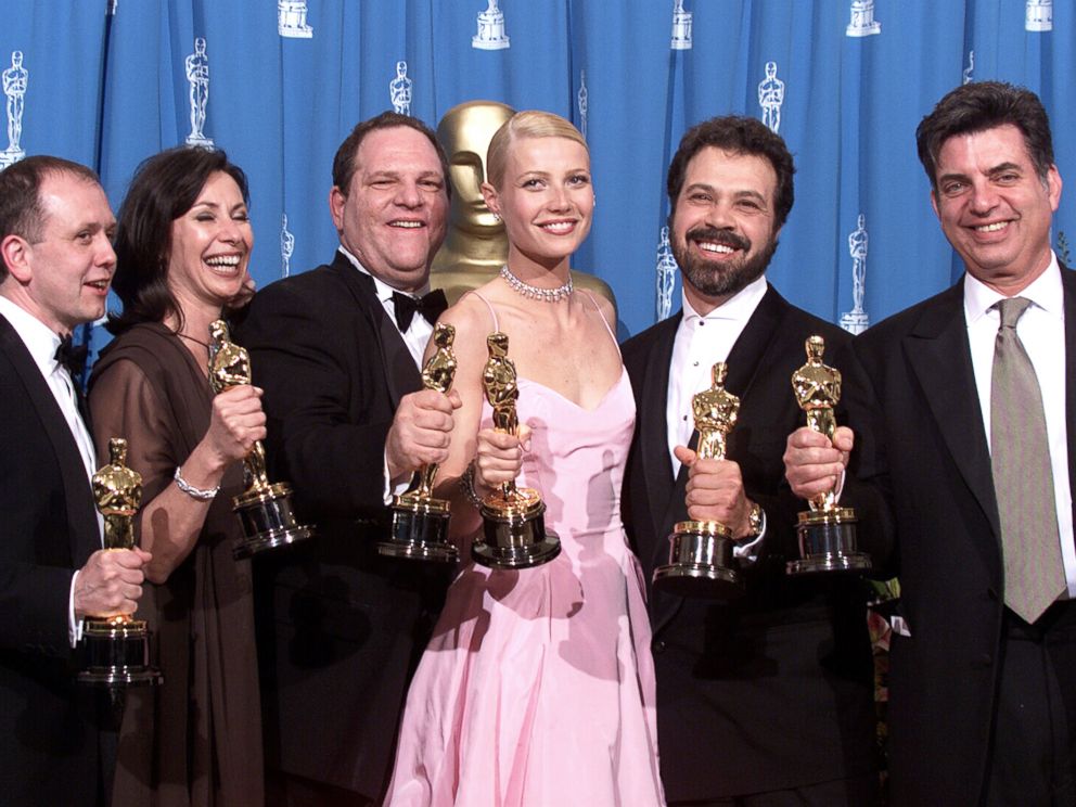 PHOTO: Shakespeare in Love Best Actress winner Gwyneth Paltrow (center) is joined by Harvey Weinstein (center left) and other stars as they celebrated their win of Best Picture at the 1999 Academy Awards in Hollywood, Calif., March 21, 1999.