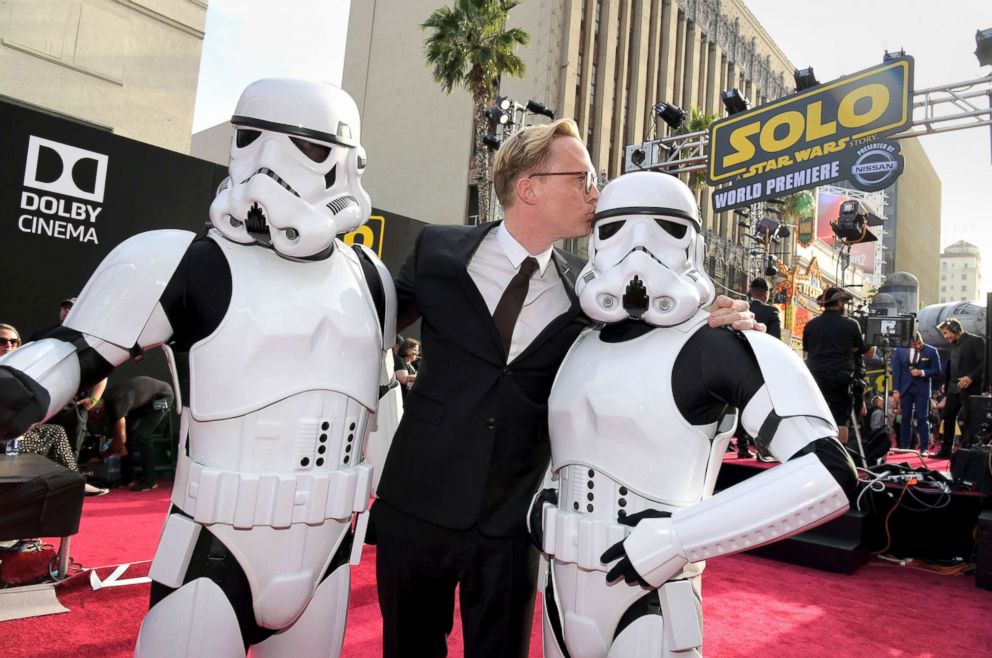 PHOTO: Actor Paul Bettany attends the world premiere of "Solo: A Star Wars Story" along with two stormtroopers in Hollywood, Calif., May 10, 2018.