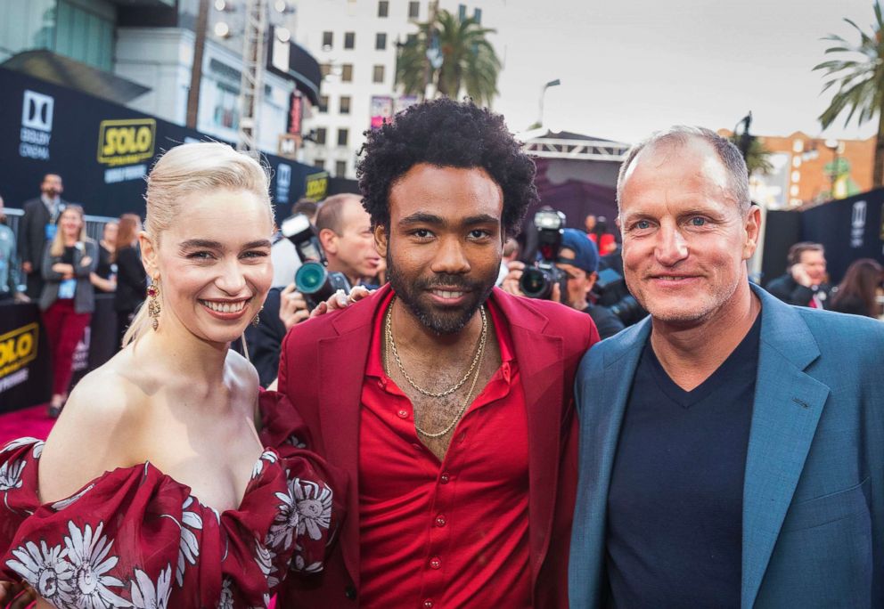 PHOTO: From left, Emilia Clarke, Donald Glover and Woody Harrelson arrive at the "Solo: A Star Wars Story" film premiere, May 10, 2018, in Los Angeles.