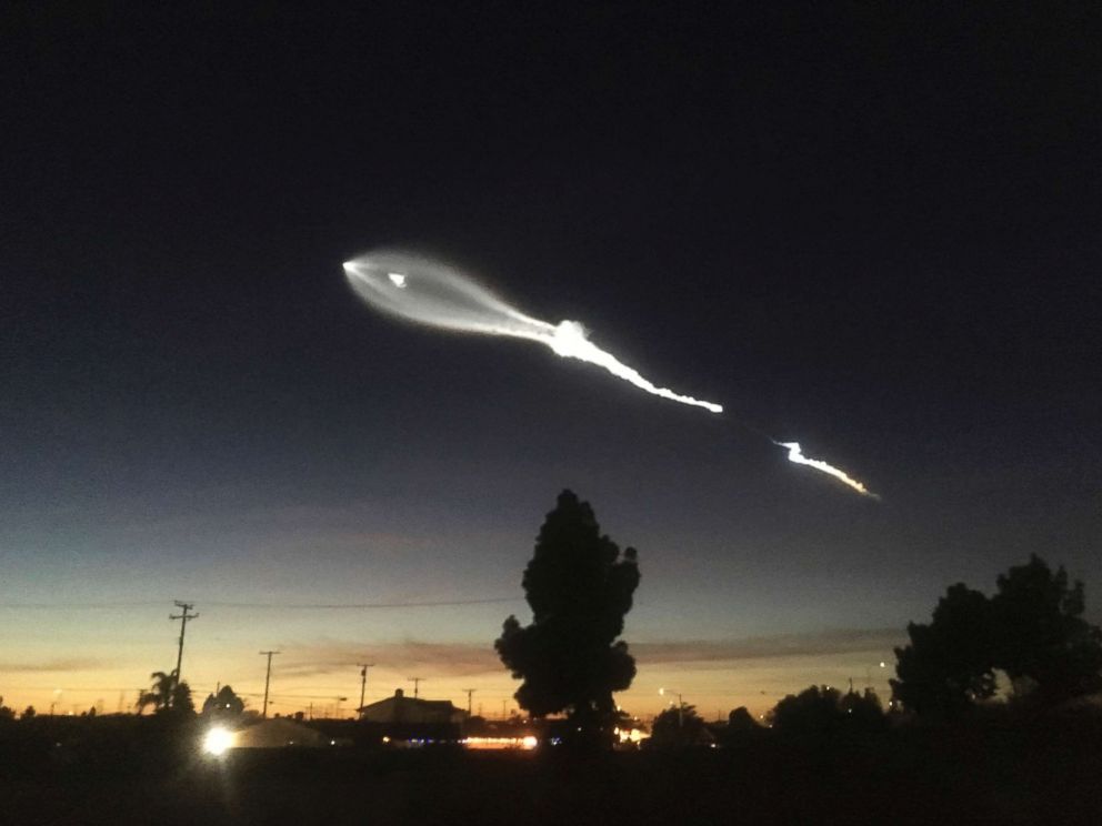 PHOTO: The contrail from a SpaceX Falcon 9 rocket is seen from Long Beach, Calif., more than 100 miles southeast from its launch site Vandenberg Air Force Base, Calif., Dec. 22, 2017.
