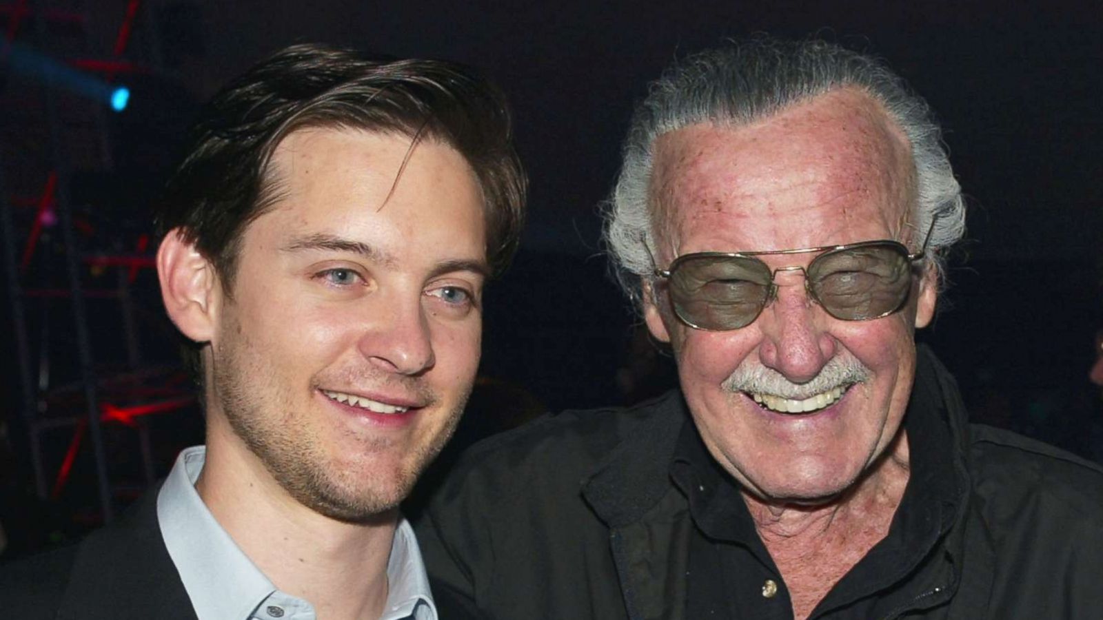 PHOTO: Tobey Maguire and Stan Lee at the premiere of "Spider-Man" at the Village Theater in Westwood, Ca., April 29, 2002.