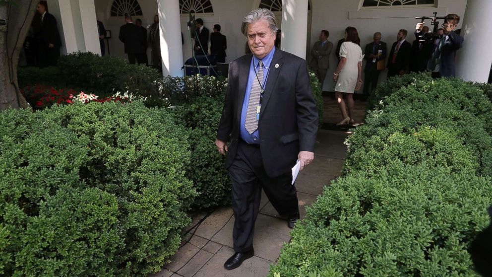 PHOTO: Senior Counselor to the President Steve Bannon walks into the Rose Garden before President Donald Trump announces his decision to pull out of the Paris climate agreement at the White House, June 1, 2017, in Washington. 