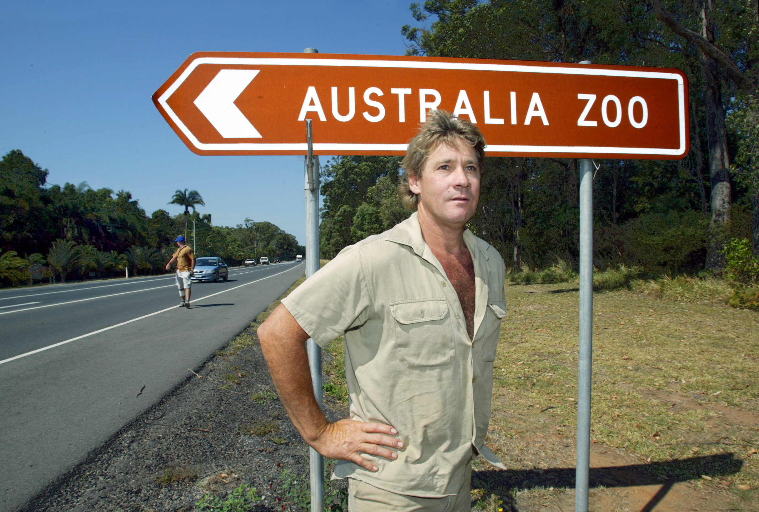 PHOTO: In this file photo, 'Crocodile Hunter' Steve Irwin stands by the Australia Zoo sign at Beerwah on the Sunshine Coast, Sept. 26, 2003.