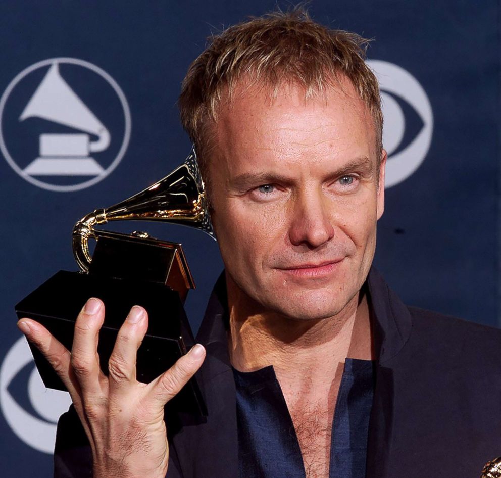 PHOTO: Sting holds his Grammy after winning for best male pop vocal performance for "Brand New Day" at the 42nd Annual Grammy Awards in Los Angeles, Feb. 23, 2000.