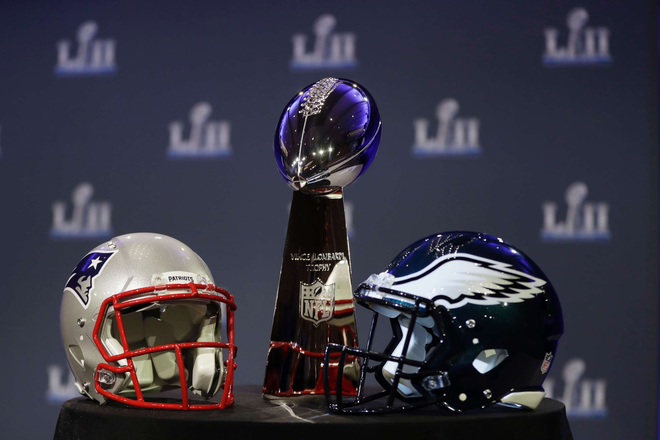 PHOTO: The Vince Lombardi Trophy is seen before a news conference by Commissioner Roger Goodell in advance of the Super Bowl 52 football game, Wednesday, Jan. 31, 2018, in Minneapolis.
