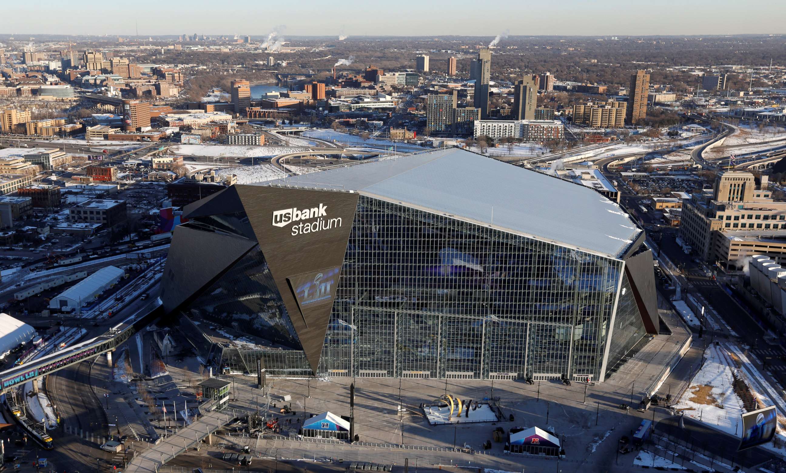 PHOTO: U.S. Bank Stadium, venue of this year's Super Bowl, as seen from a Department of Homeland Security Blackhawk helicopter that will be patrolling the skies during the game in Minneapolis, Minn., Jan. 29, 2018.  