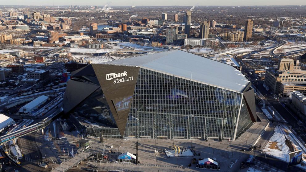 PHOTO: U.S. Bank Stadium, venue of this year's Super Bowl, as seen from a Department of Homeland Security Blackhawk helicopter that will be patrolling the skies during the game in Minneapolis, Minn., Jan. 29, 2018. 