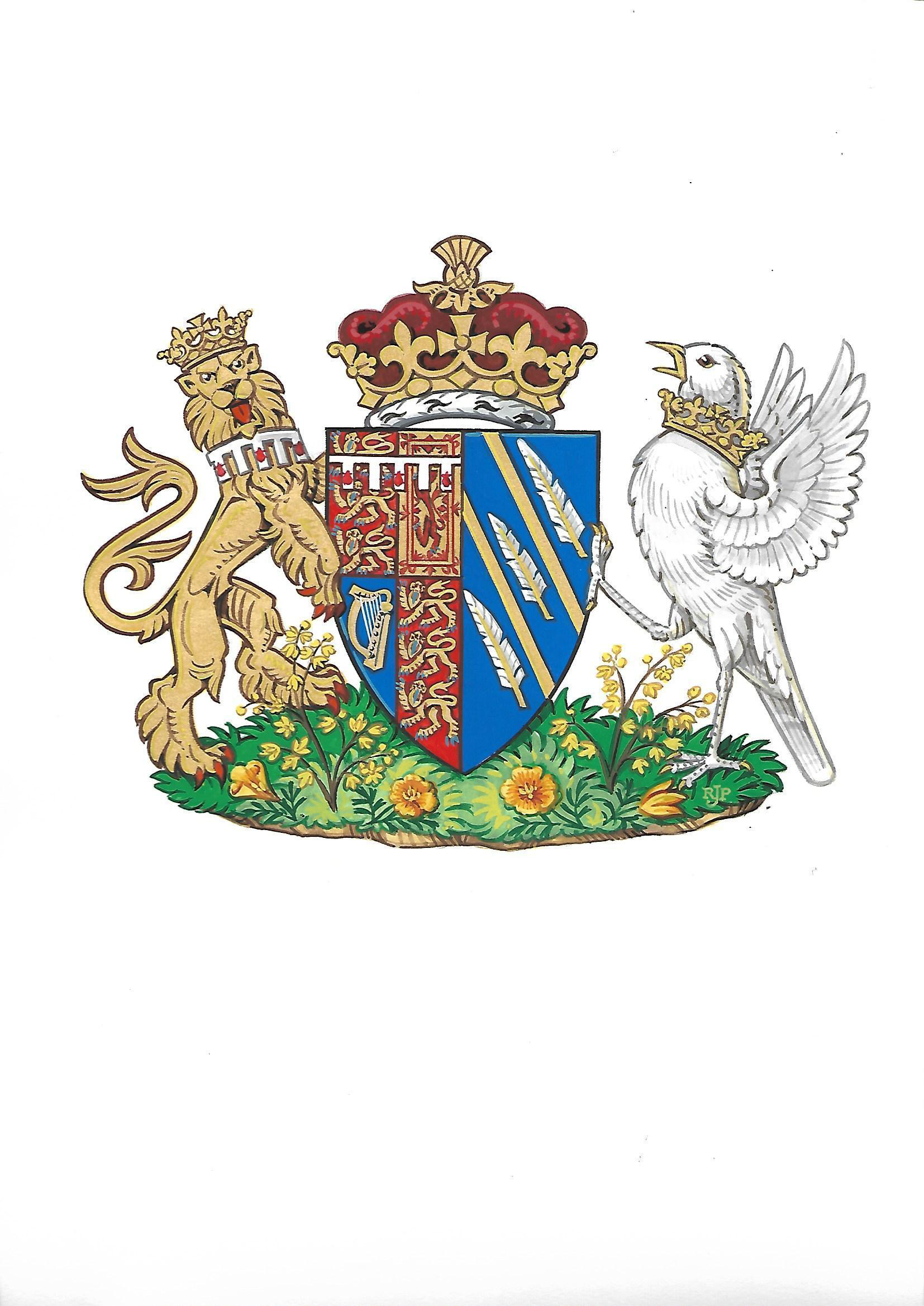 PHOTO: The newly created coat of arms of Meghan Duchess of Sussex. Mehgan Markle and Prince Harry married on May 19, and are now known as The Duke and Duchess of Sussex.