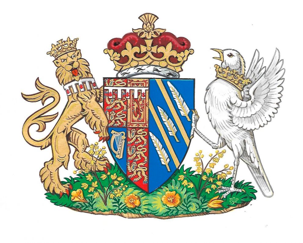 PHOTO: The newly created coat of arms of Meghan Duchess of Sussex. Mehgan Markle and Prince Harry married on May 19, and are now known as The Duke and Duchess of Sussex.