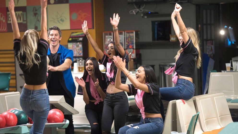 Arie Luyendyk Jr., Marikh, Seinne and Ashley during a competitive day of bowling with the winner going to a private after-party, on "The Bachelor," Jan. 29, 2018, on The ABC Television Network. 
