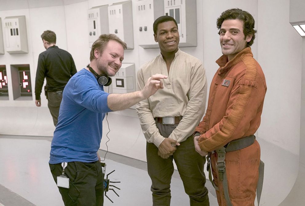 PHOTO: Director Rian Johnson with Oscar Isaac and John Boyega on the set of "Star Wars: Episode VIII - The Last Jedi," 2017.