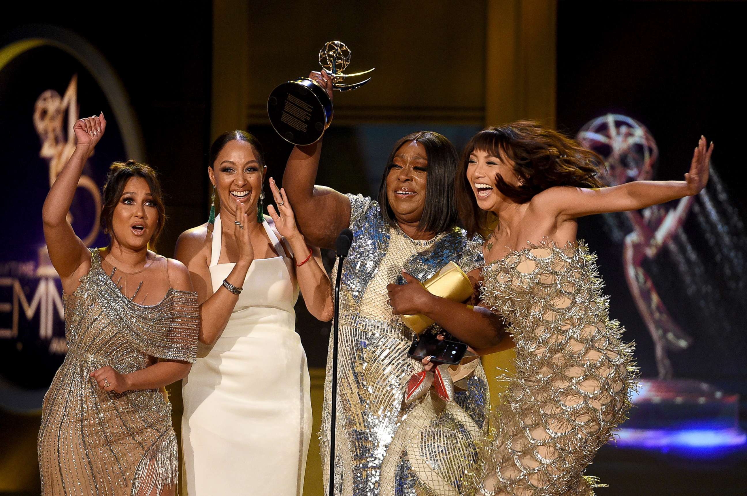 PHOTO: Adrienne Bailon, Tamera Mowry, Loni Love and Jeannie Mai, winners of Outstanding Entertainment Talk Show Host for 'The Real', onstage during the 45th annual Daytime Emmy Awards on April 29, 2018 in Pasadena, Calif.