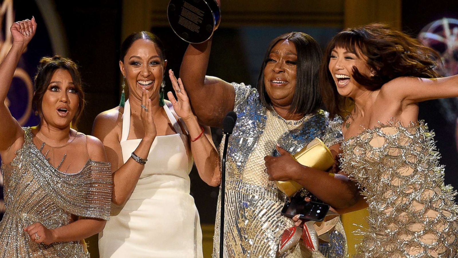 PHOTO: Adrienne Bailon, Tamera Mowry, Loni Love and Jeannie Mai, winners of Outstanding Entertainment Talk Show Host for 'The Real', onstage during the 45th annual Daytime Emmy Awards on April 29, 2018 in Pasadena, Calif.