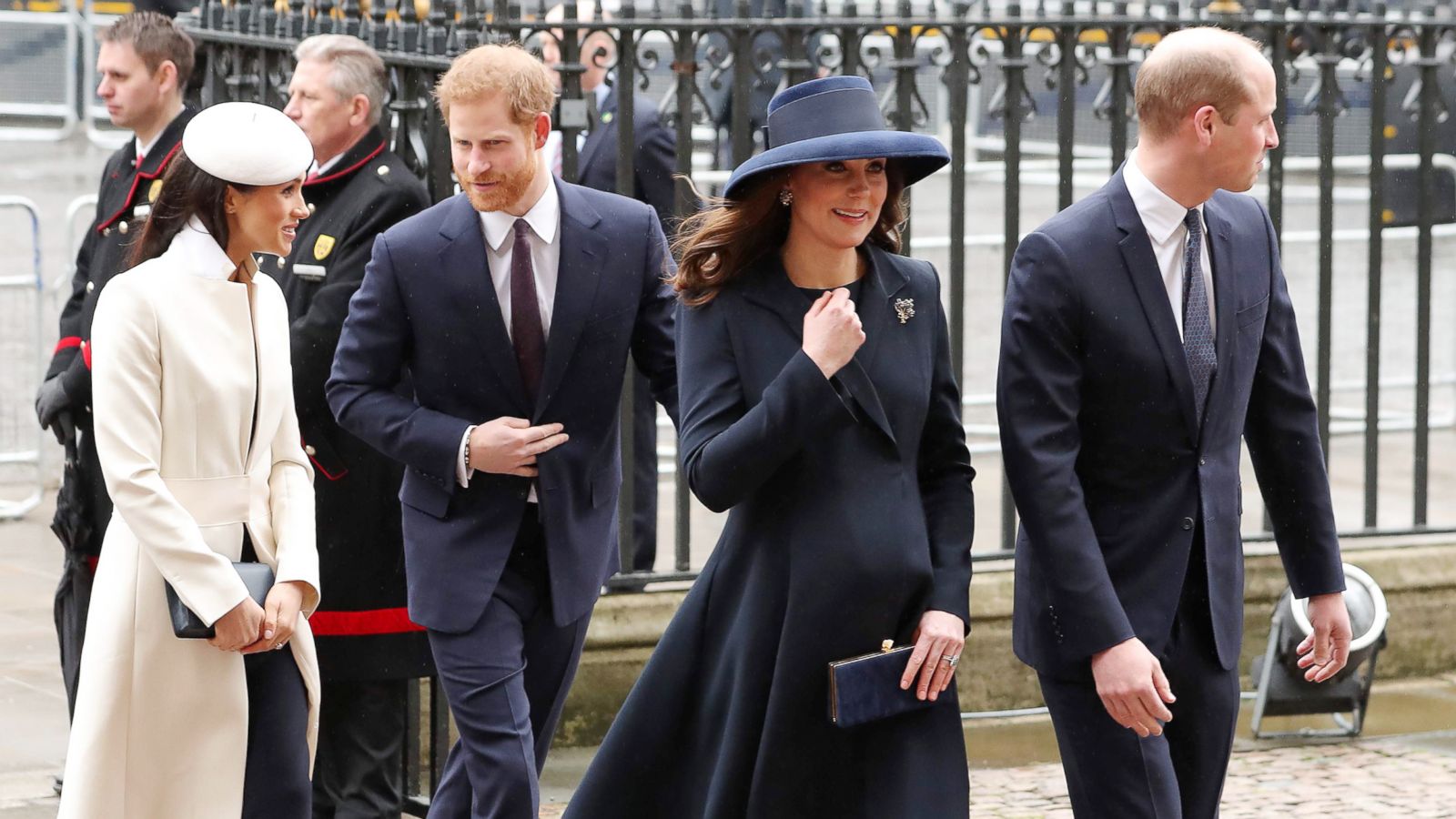 PHOTO: Catherine, Duchess of Cambridge, and her husband Prince William, Duke of Cambridge arrive with Britain's Prince Harry and his fiancee Meghan Markle to attend a Commonwealth Day Service at Westminster Abbey in central London, on March 12, 2018.