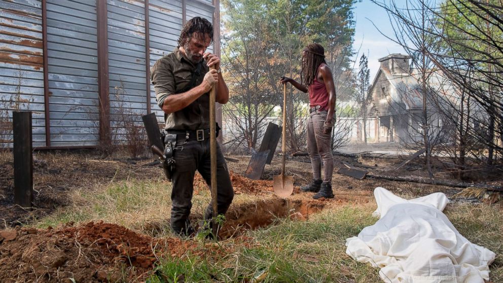 Andrew Lincoln as Rick Grimes, Danai Gurira as Michonne in 'The Walking Dead' season 8, episode 9.