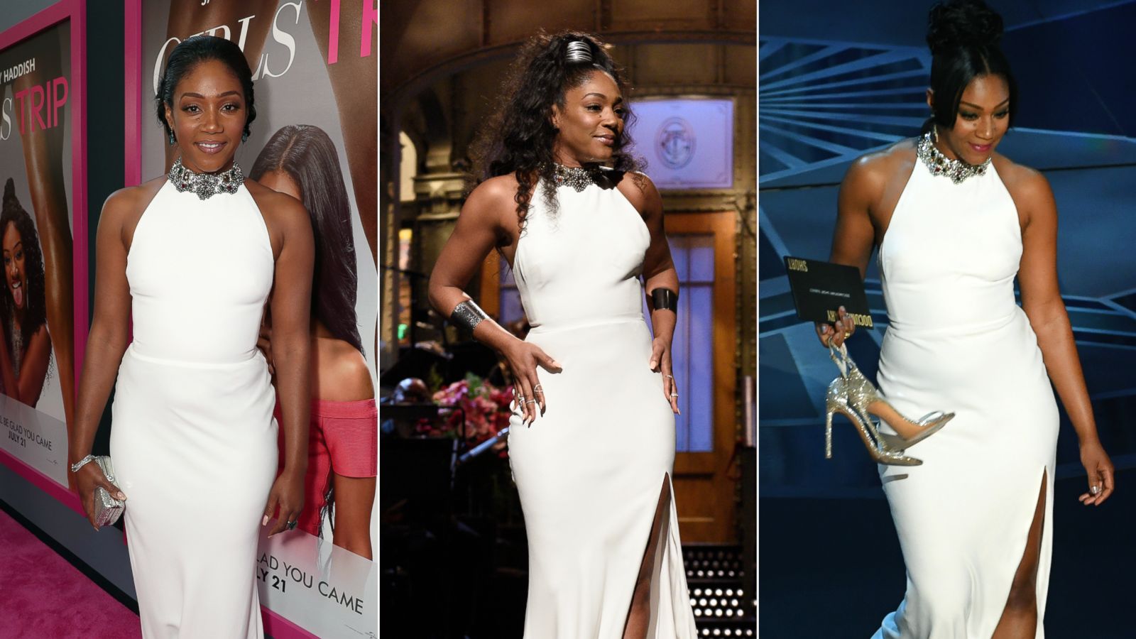 PHOTO: Tiffany Haddish wears a Steve McQueen dress on July 13, 2017 to the premiere of "Girls Trip", left, to host Saturday Night Live on Nov. 11, 2017, center, and again on March 4, 2018 to present at the Academy Awards, right.