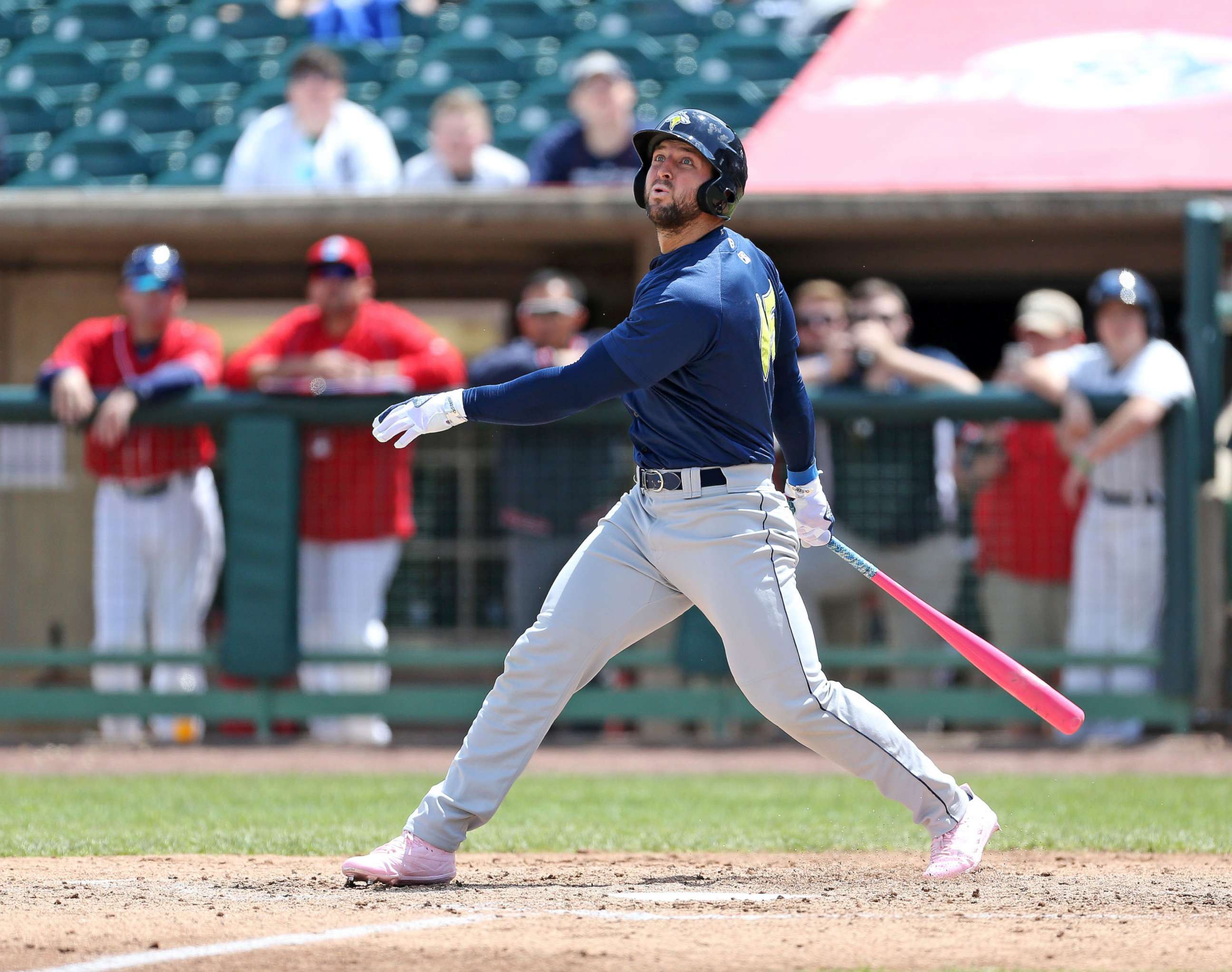 PHOTO: Tim Tebow #15 of the Columbia Fireflies fouls off a pitch while batting against the Lakewood BlueClaws, May 14, 2017, at FirstEnergy Park in Lakewood, New Jersey.