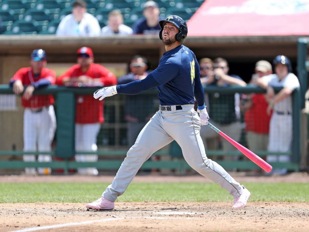 PHOTO: Tim Tebow #15 of the Columbia Fireflies fouls off a pitch while batting against the Lakewood BlueClaws, May 14, 2017, at FirstEnergy Park in Lakewood, New Jersey.