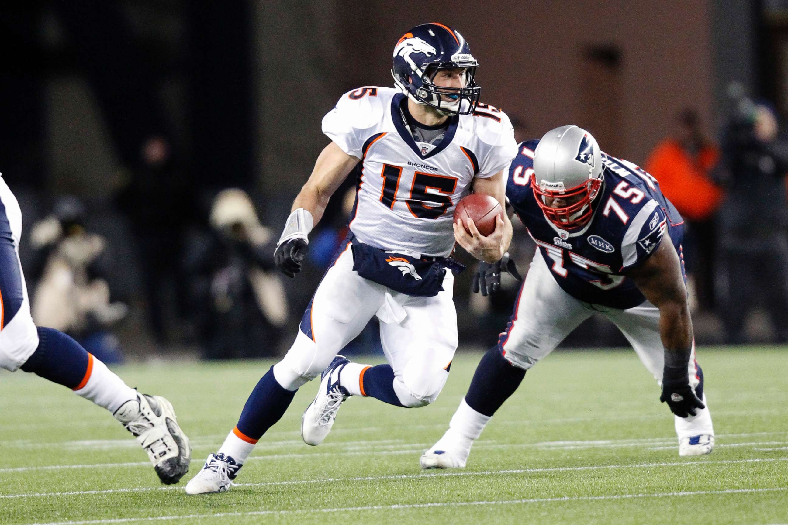 PHOTO: Denver Broncos quarterback Tim Tebow #15 during a game between the Denver Broncos and the New England Patriots, Jan. 14, 2012, at Gillette Stadium in Foxborough Ma.