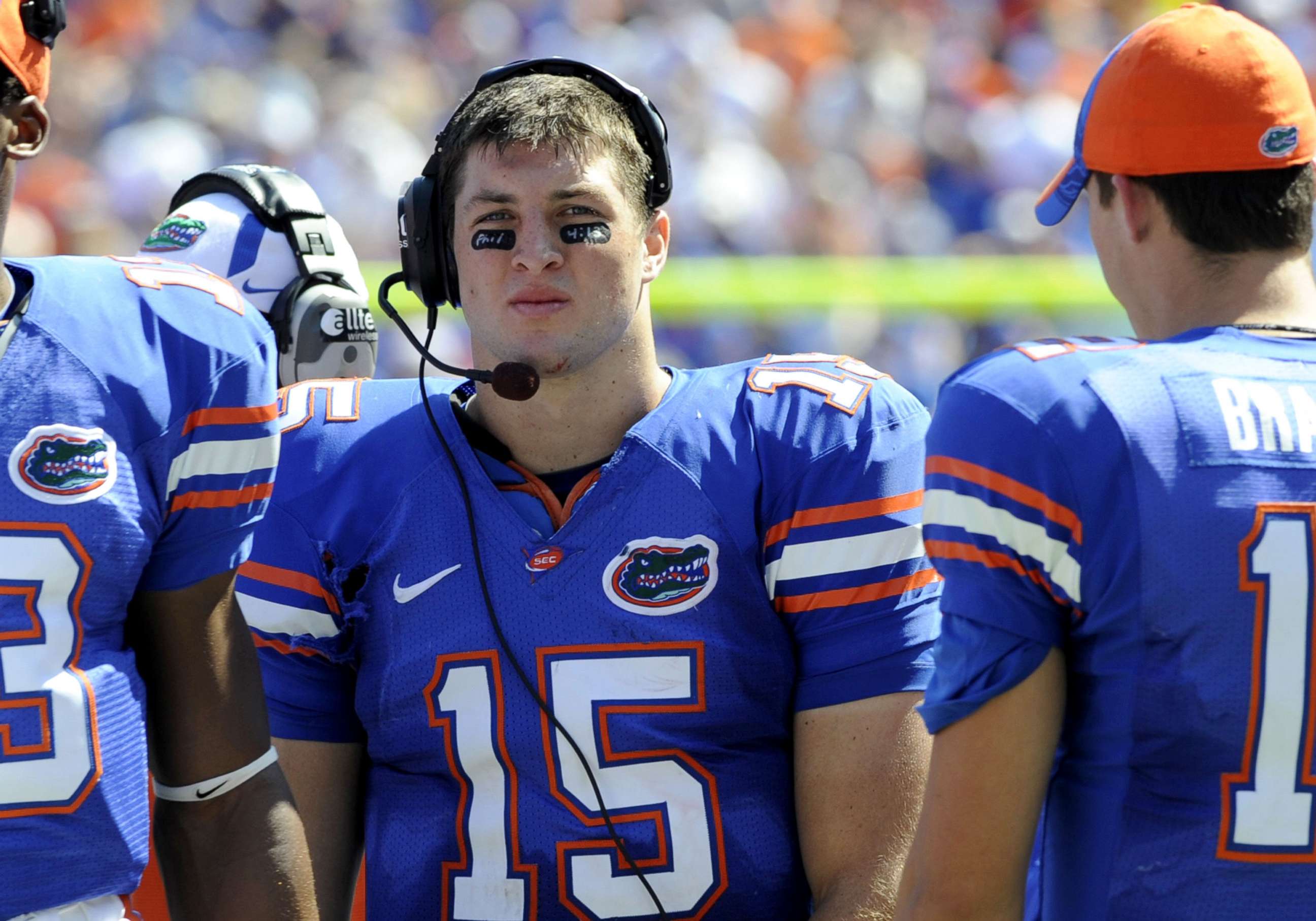 PHOTO: Quarterback Tim Tebow #15 of the Florida Gators checks for a play against the Mississippi Rebels at Ben Hill Griffin Stadium, Sept. 27, 2008, in Gainesville, Florida.