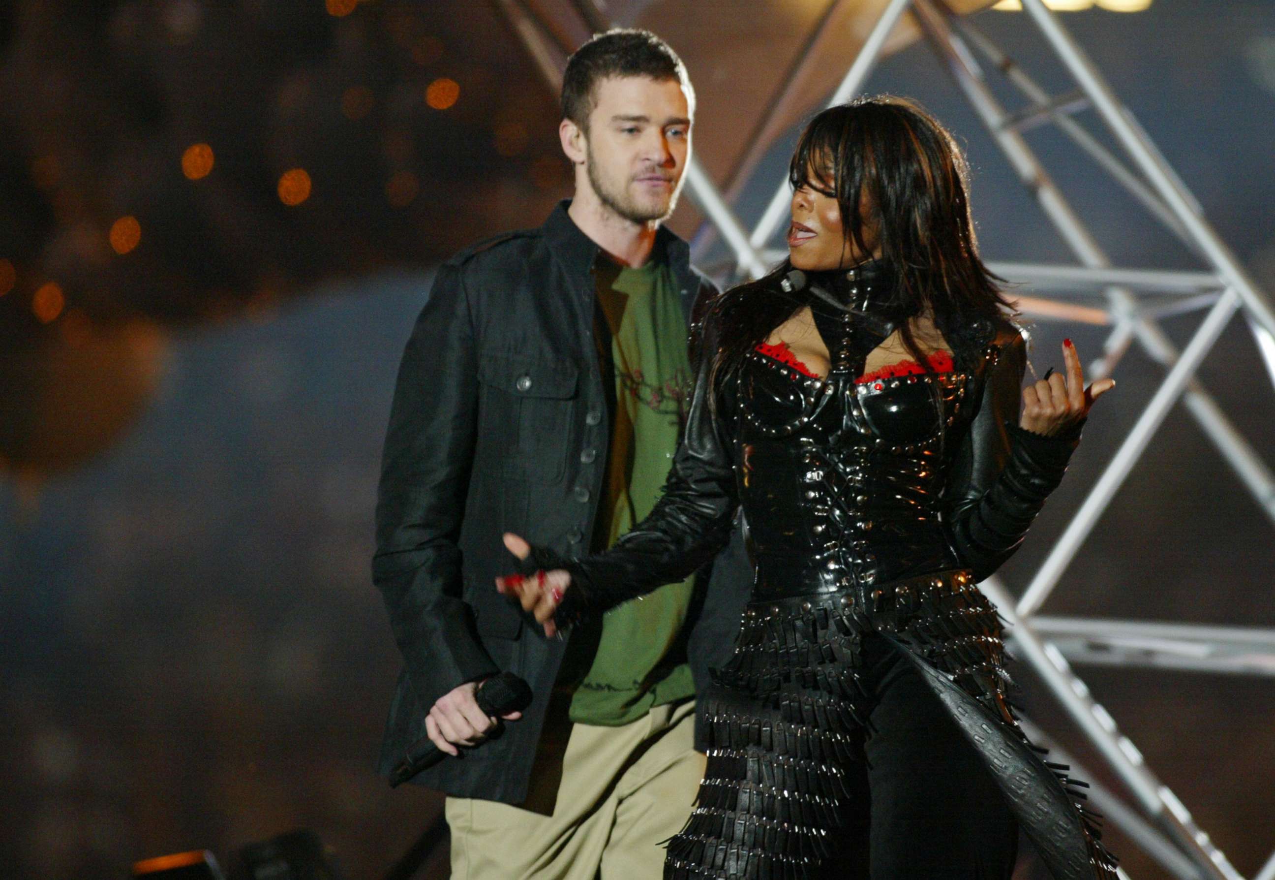 PHOTO: Justin Timberlake and Janet Jackson perform during the half-time show at Super Bowl XXXVIII, Feb. 1, 2004, in Houston.