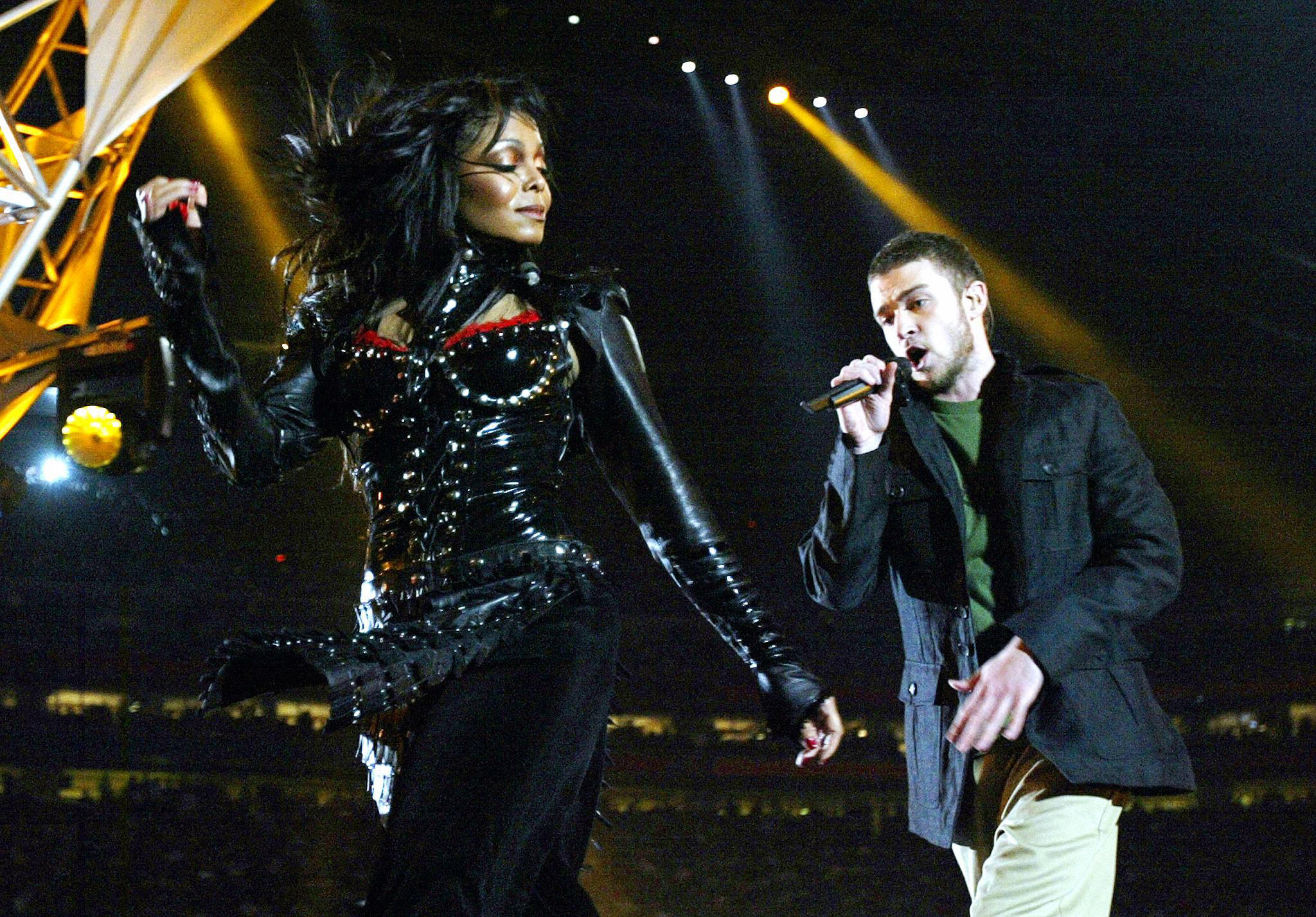 PHOTO: Janet Jackson and Justin Timberlake on stage at the half-time show at Super Bowl XXXVIII at Reliant Stadium, Feb. 1, 2004, in Houston.