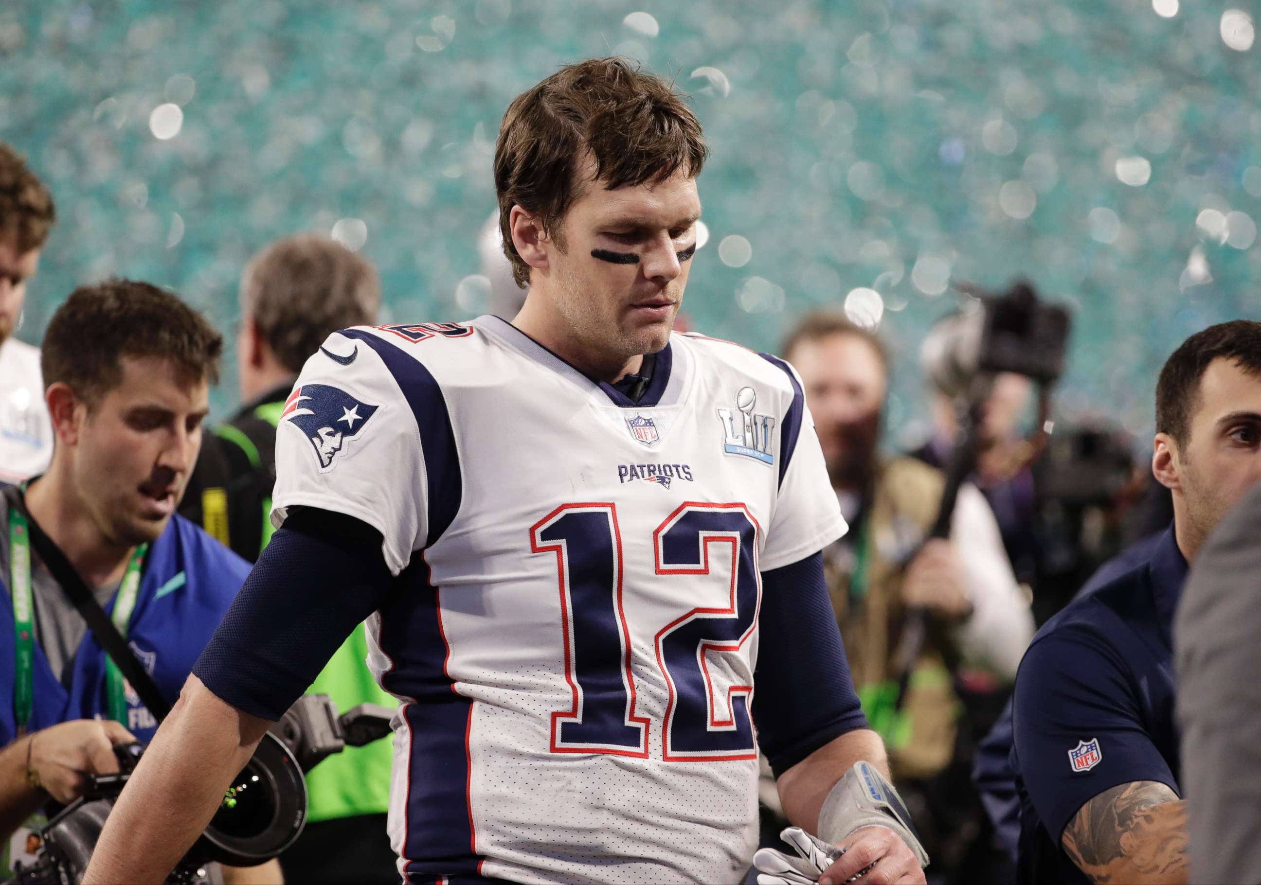 PHOTO: New England Patriots quarterback Tom Brady walks off the field after the Patriots lost Super Bowl 52 against the Philadelphia Eagles, Feb. 4, 2018, in Minneapolis.