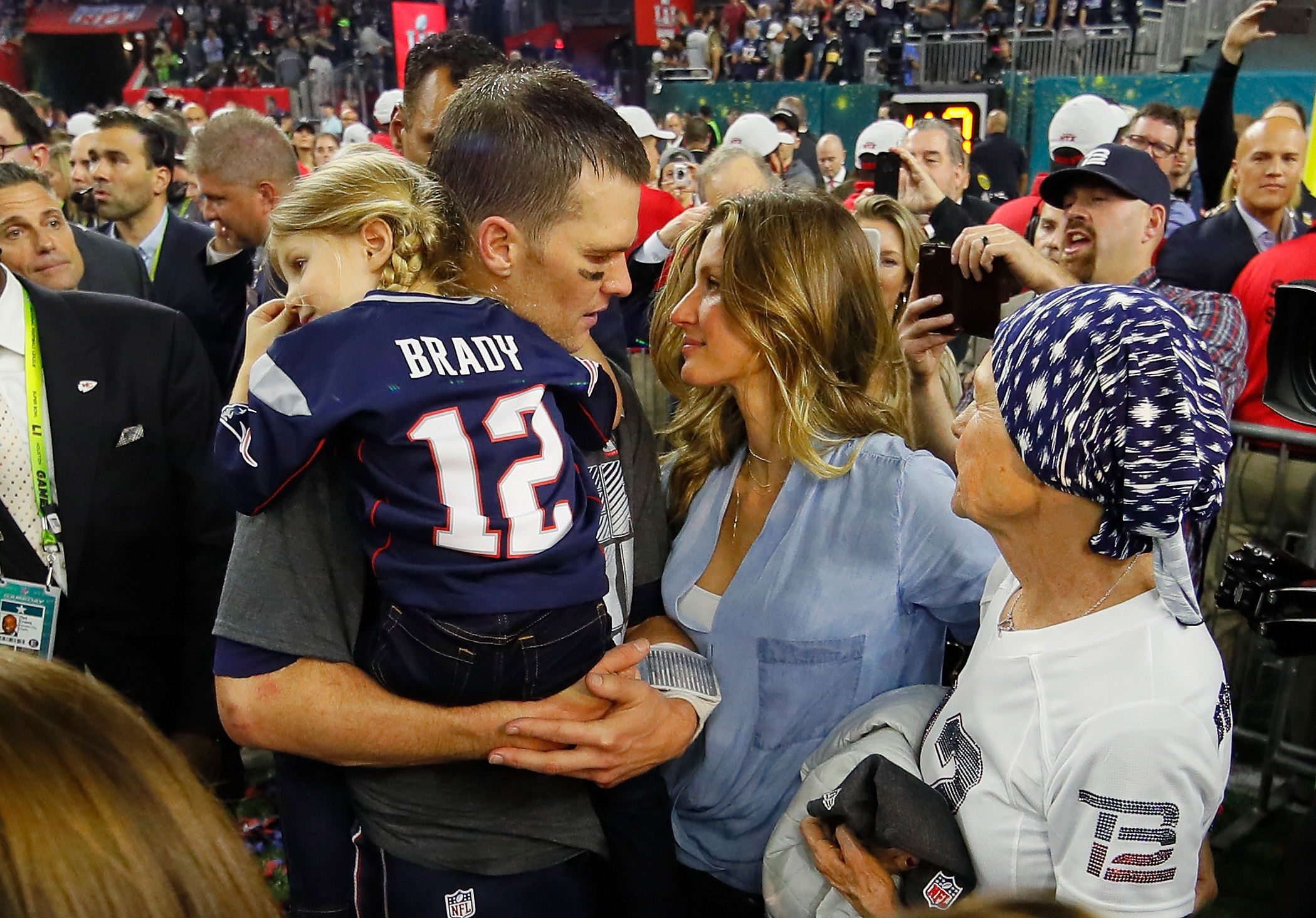 PHOTO: Tom Brady #12 of the New England Patriots celebrates with wife Gisele Bundchen and daughter Vivian Brady after defeating the Atlanta Falcons during Super Bowl 51 at NRG Stadium, Feb. 5, 2017 in Houston.