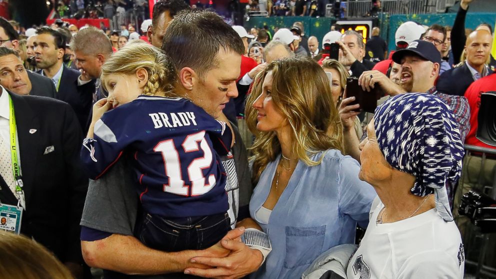 PHOTO: Tom Brady #12 of the New England Patriots celebrates with wife Gisele Bundchen and daughter Vivian Brady after defeating the Atlanta Falcons during Super Bowl 51 at NRG Stadium, Feb. 5, 2017 in Houston.