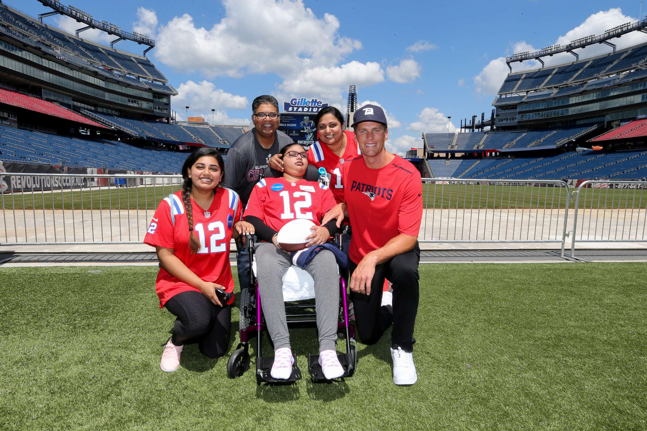 PHOTO: Tom Brady visits with children during Make-A-Wish event at Gillette Stadium, July 26, 2017, in Foxborough, Mass.