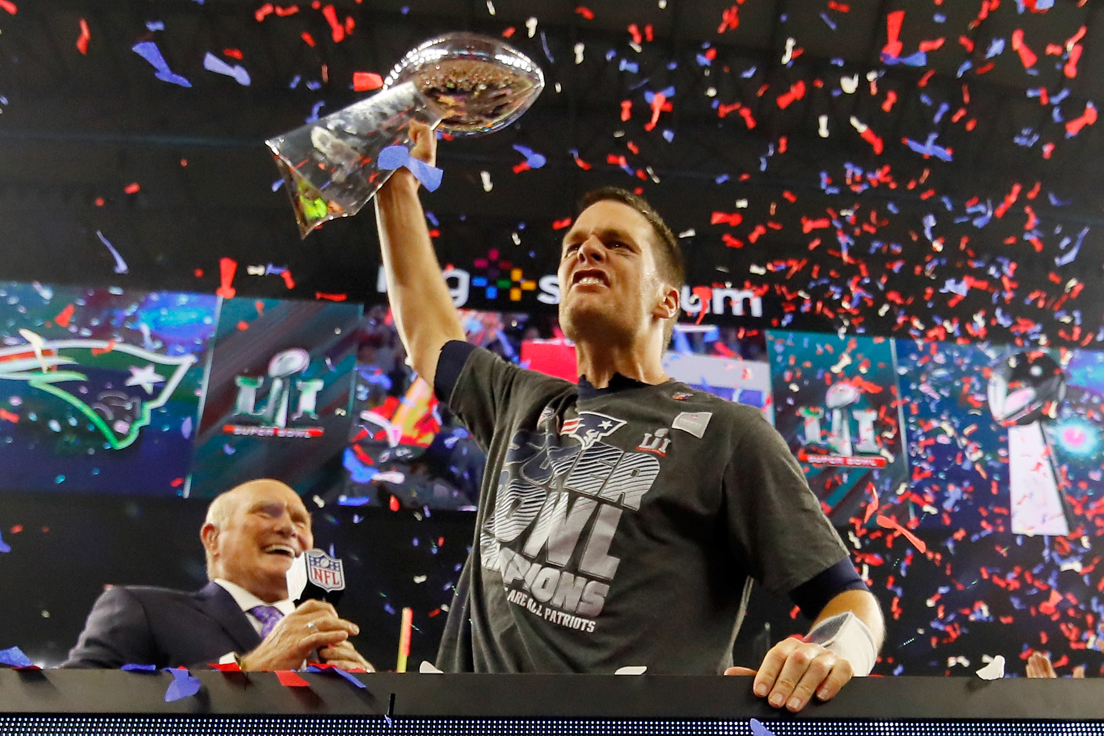 PHOTO: Tom Brady of the New England Patriots celebrates with the Vince Lombardi Trophy after defeating the Atlanta Falcons during Super Bowl 51 at NRG Stadium on Feb. 5, 2017 in Houston, Texas.