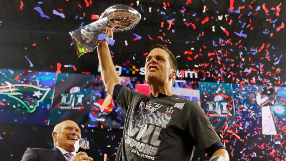 PHOTO: Tom Brady of the New England Patriots celebrates with the Vince Lombardi Trophy after defeating the Atlanta Falcons during Super Bowl 51 at NRG Stadium on Feb. 5, 2017 in Houston, Texas.