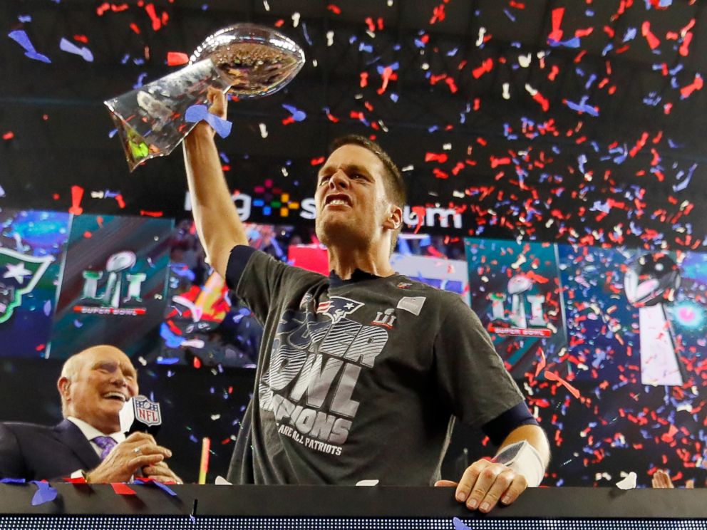 PHOTO: Tom Brady of the New England Patriots celebrates with the Vince Lombardi Trophy after defeating the Atlanta Falcons during Super Bowl 51 at NRG Stadium on Feb. 5, 2017 in Houston, Texas.