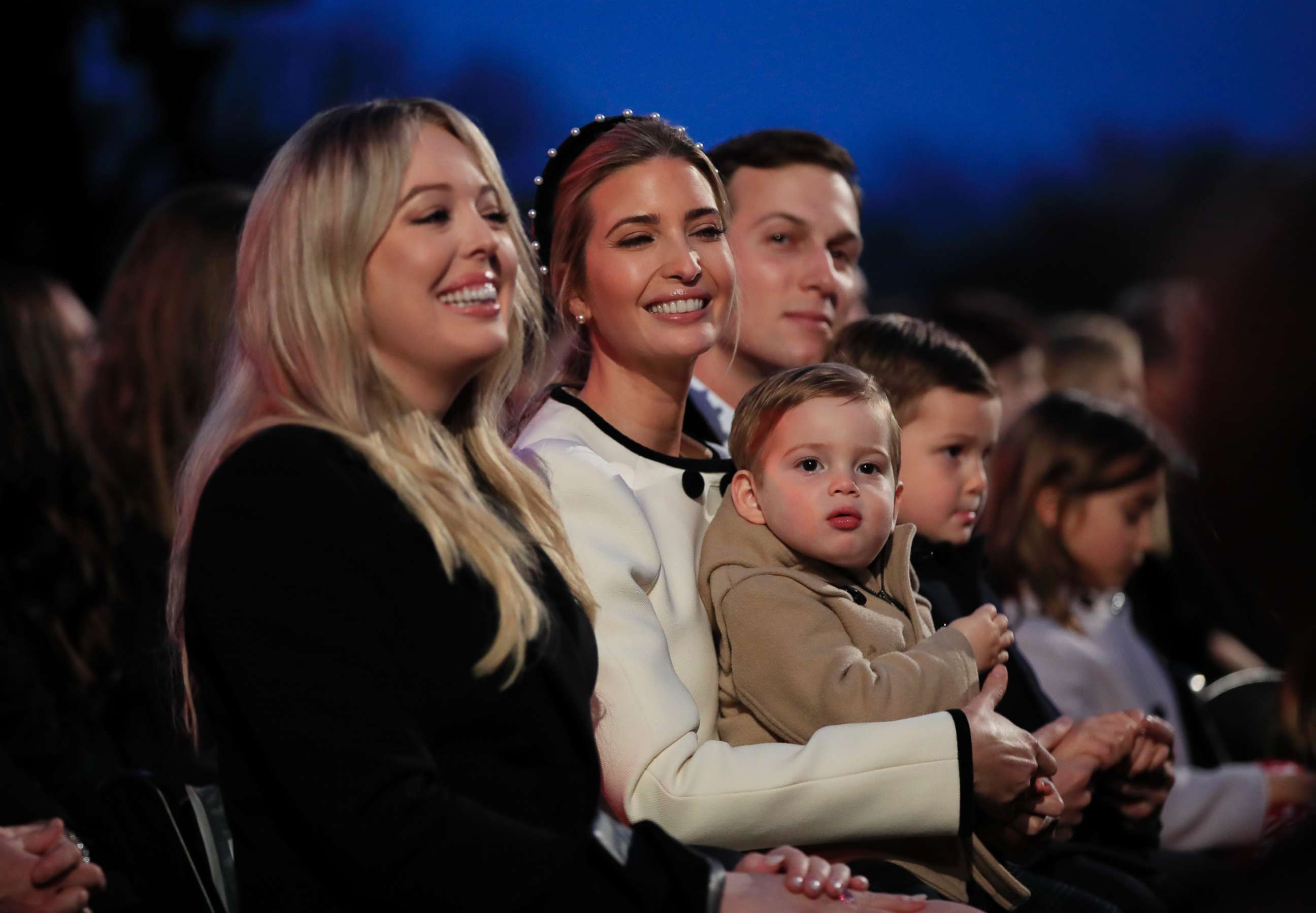 PHOTO: Tiffany Trump, left, sits with Ivanka Trump and her husband Jared Kushner, senior adviser to President Donald Trump, and their children at the National Christmas Tree lighting ceremony near the White House in Washington, Nov. 30, 2017. 