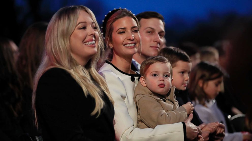 PHOTO: Tiffany Trump, left, sits with Ivanka Trump and her husband Jared Kushner, senior adviser to President Donald Trump, and their children at the National Christmas Tree lighting ceremony near the White House in Washington, Nov. 30, 2017. 