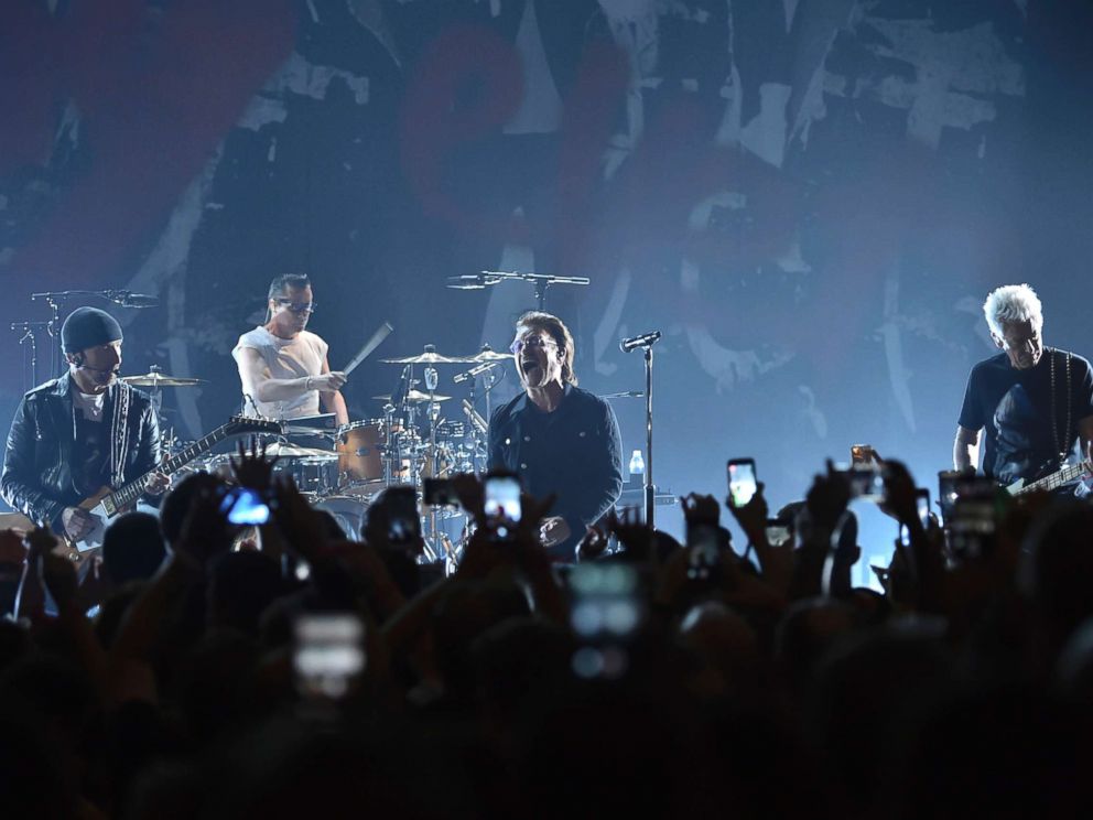 PHOTO: The Edge, Larry Mullen Jr., Bono and Adam Clayton of U2 perform during a concert at the Apollo Theater hosted by SiriusXM, June 11, 2018, in New York City.